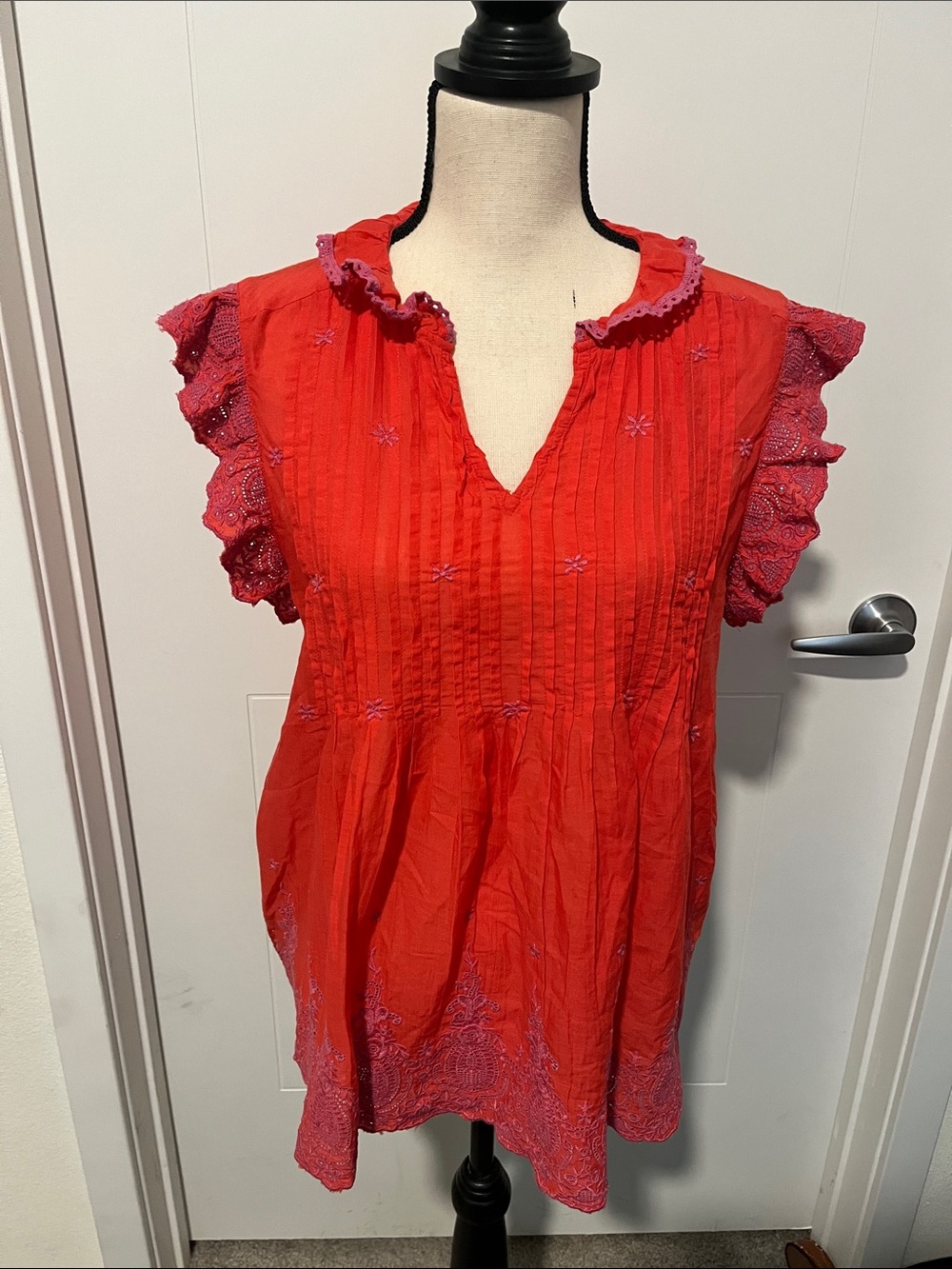 Sundance Eyelet Design V-Neck Cotton Blend Top Bohemian Cottagecore Feminine